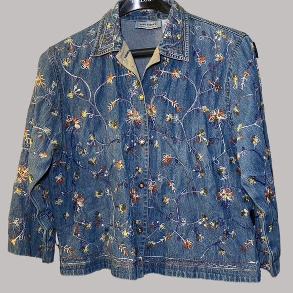 Jane Ashley Womens Embroidered Denim Jacket M Cotton Blue Floral Cottagecore Fai - Picture 1 of 7